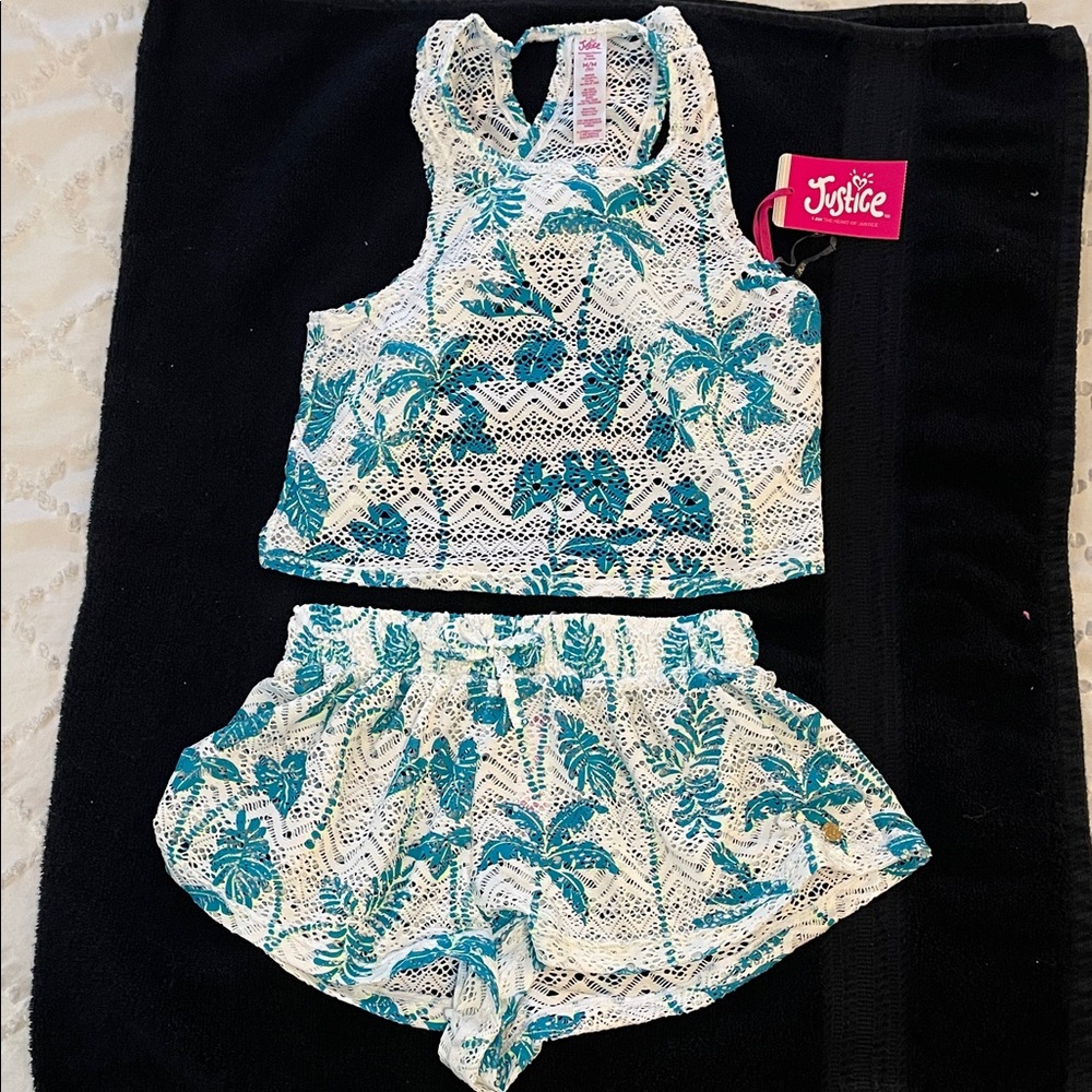 Justice Blue and White Lace Tropical swim cover up Set top bottom lace nwt